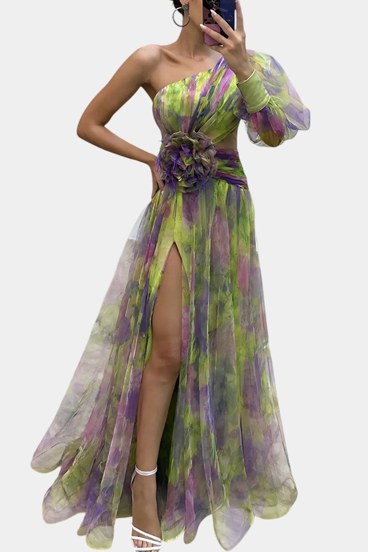 Women's Watercolor-Print One-Shoulder Maxi Dress - Elegant Event