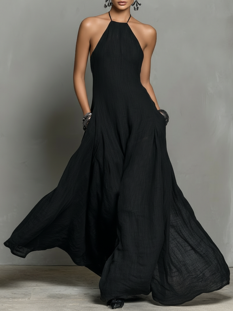 Women's Linen Blend Halter Maxi Dress - Effortless Summer Style