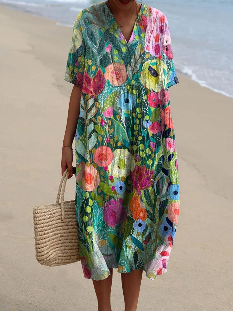 Women's Vintage Floral V-Neck Dress – Short Sleeve Summer