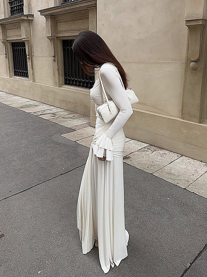 Hollow-Lace Slim Long-Sleeve Maxi Dress