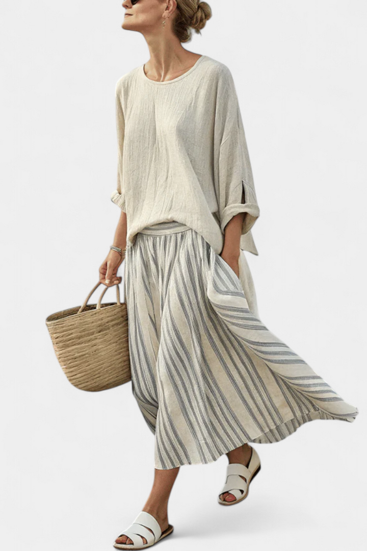 Women's Striped Midi Skirt & Blouse Set - Effortless Summer Style