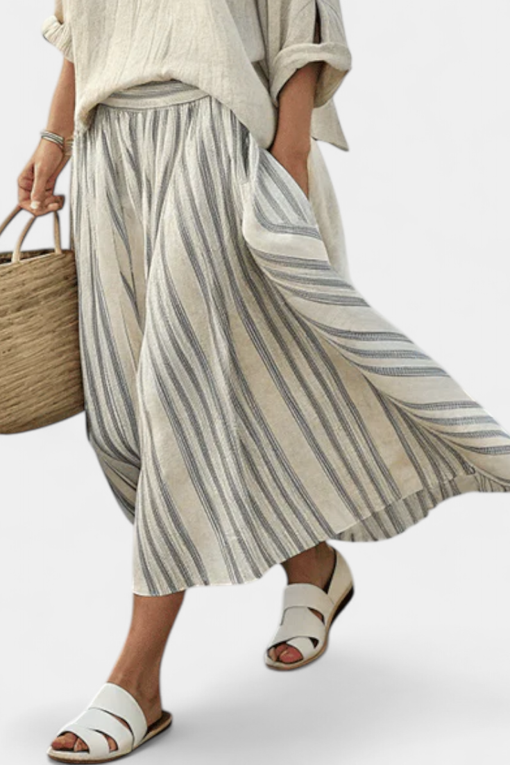 Women's Striped Midi Skirt & Blouse Set - Effortless Summer Style