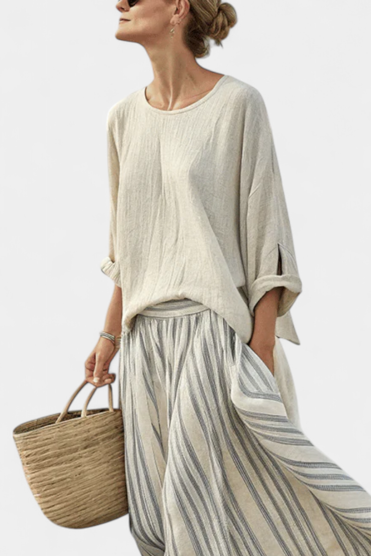 Women's Striped Midi Skirt & Blouse Set - Effortless Summer Style
