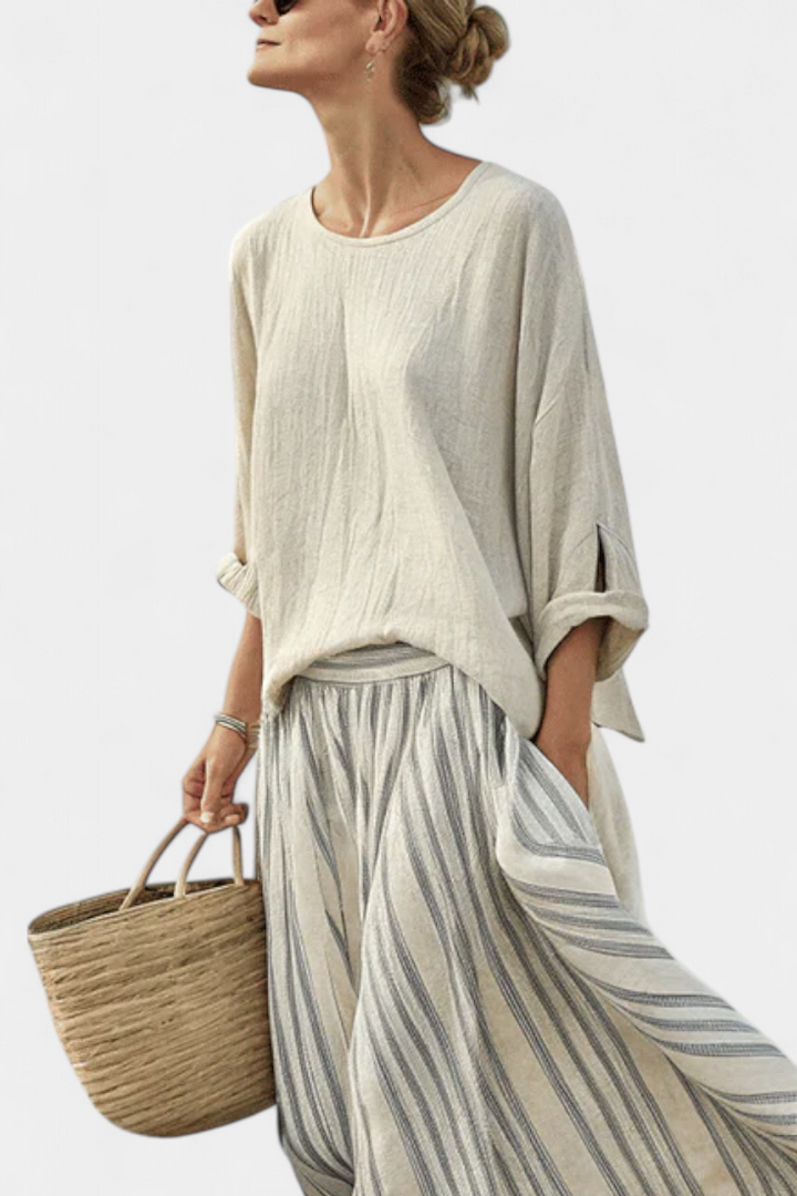 Women's Striped Midi Skirt & Blouse Set - Effortless Summer Style