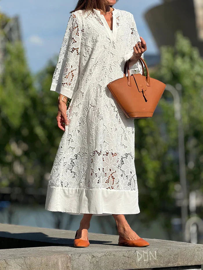 Women's Floral Lace Maxi Dress - Elegant Ankle-Length Gown