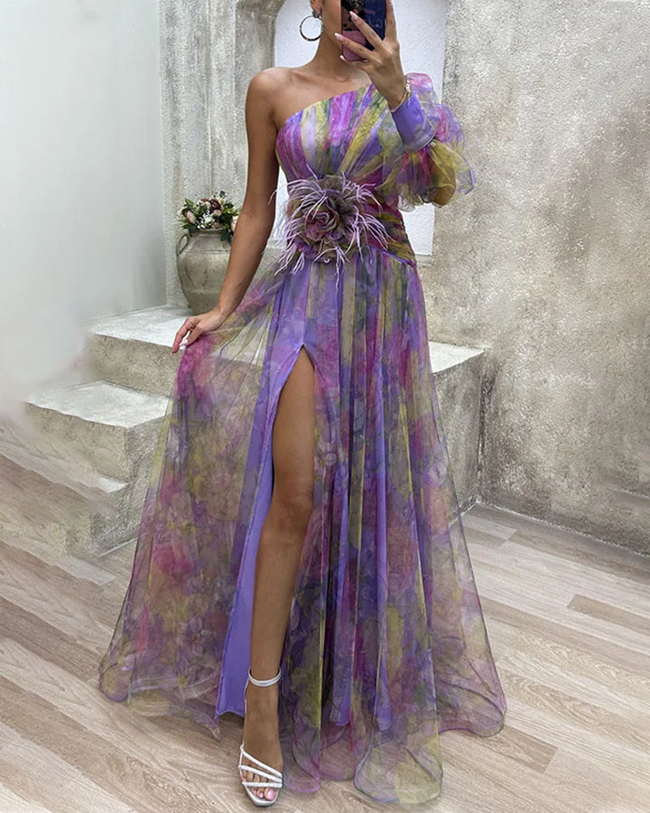 Women's Asymmetrical One-Sleeve Split Dress - Elegant Evening Wear