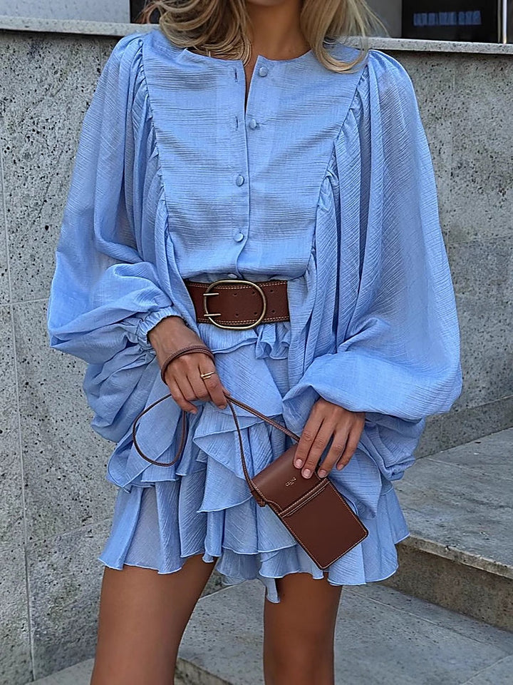 Minimalist Tiered-Ruffle Lantern-Sleeve Dress