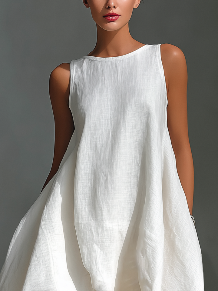 Women's Linen Sleeveless Midi Dress - Asymmetrical Hem, Breezy Style