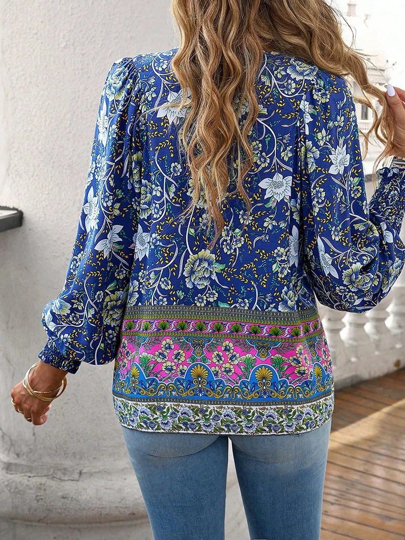 Women's Floral Ruffled Cuff Blouse - Effortless Day to Night
