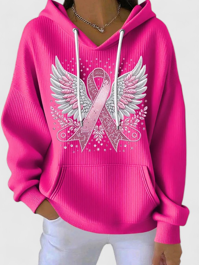 Women's Pink Ribbon Angel Wings Hoodie - Cozy Support Wear