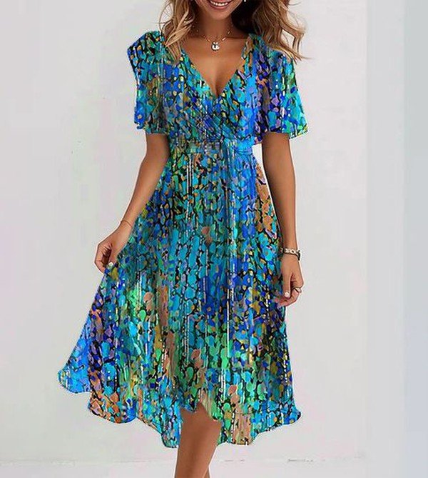 Women's Printed V-Neck Flowy Dress - Vibrant Everyday Style