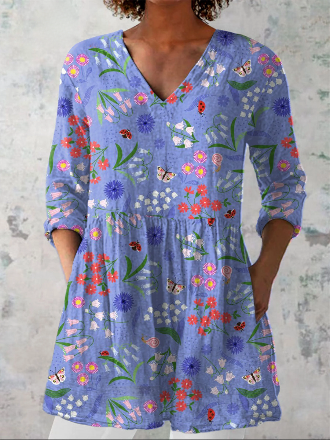 Women's Long Sleeve V-Neck Longline Shirt with Pockets