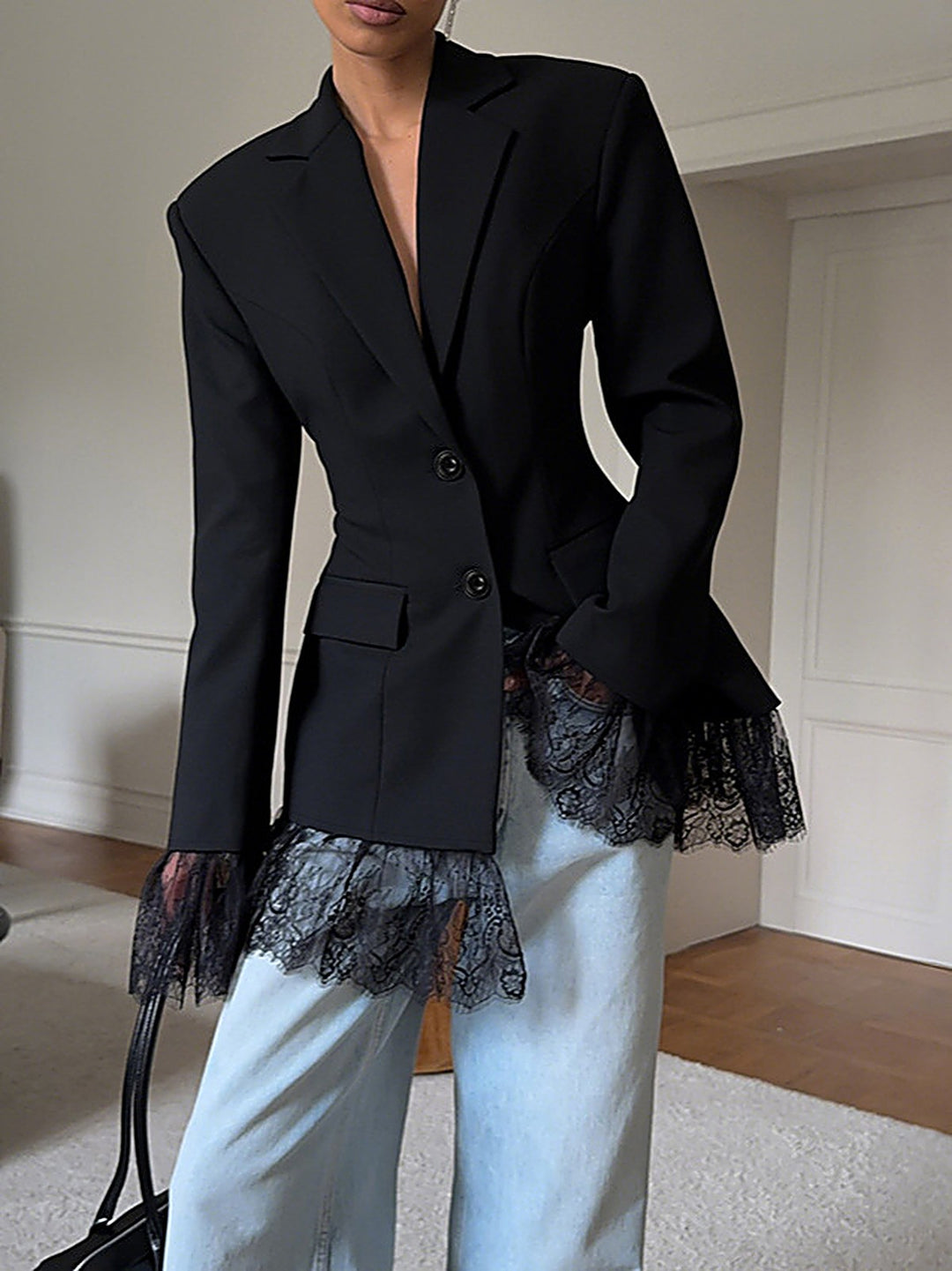 Black Lace-Splice Commuter Blazer