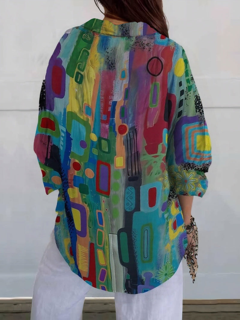 Women's Abstract Print Relaxed Blouse - Bold Everyday Elegance