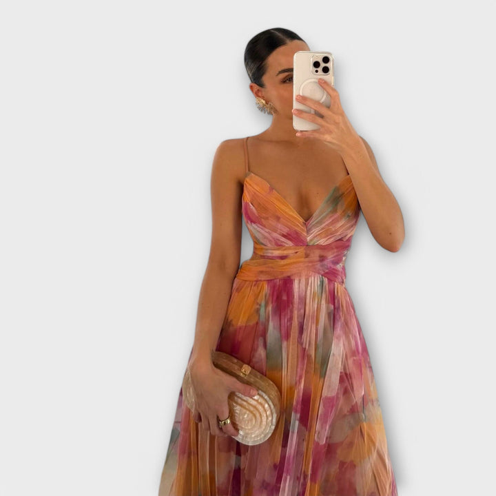 Women's Knit Printed Maxi Dress - Elegant and Shaping