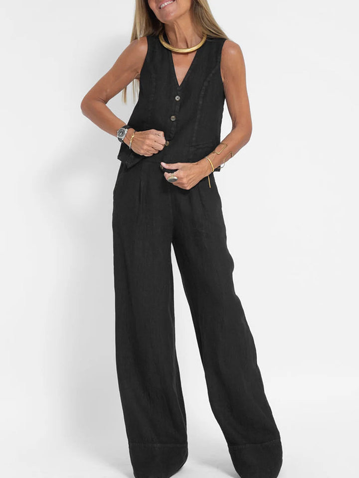 Women's Aira Buttoned Vest and Wide-Leg Trousers Set