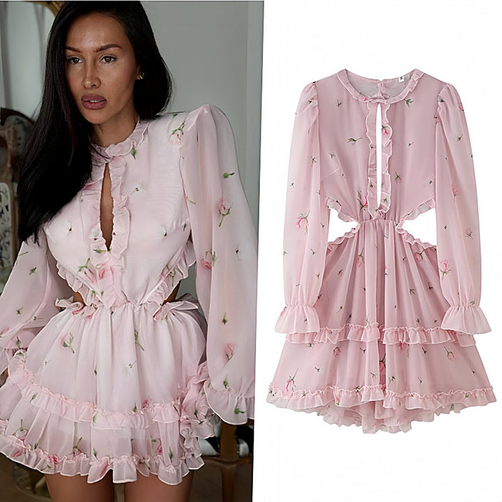 Elegant Long-Sleeve Printed Backless Mini Dress