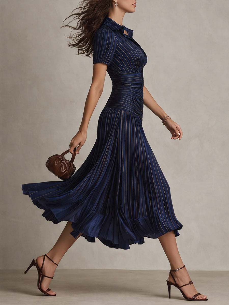 Women's Retro Striped Satin Midi Dress - Elegant Evening Essential