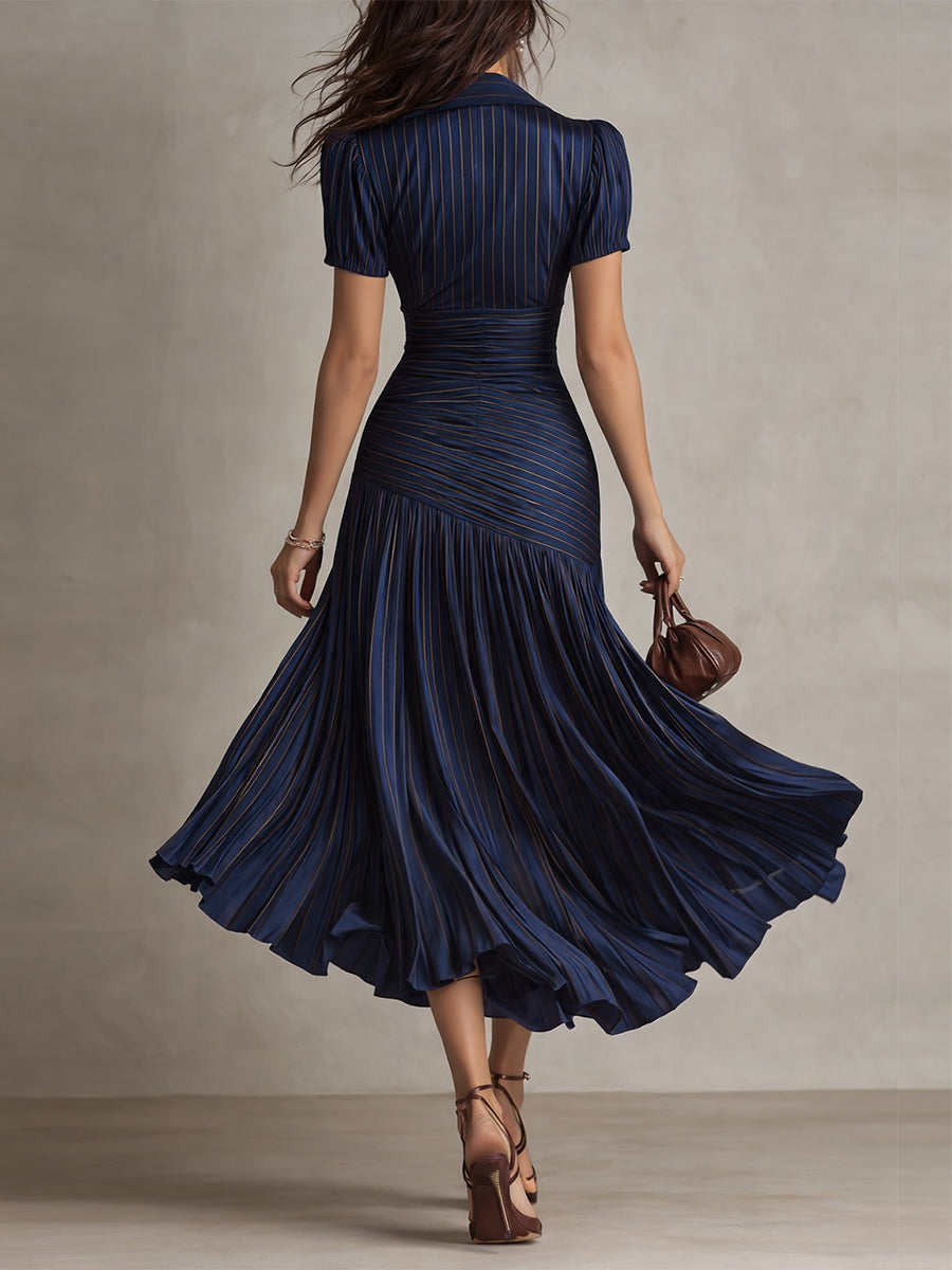 Women's Retro Striped Satin Midi Dress - Elegant Evening Essential