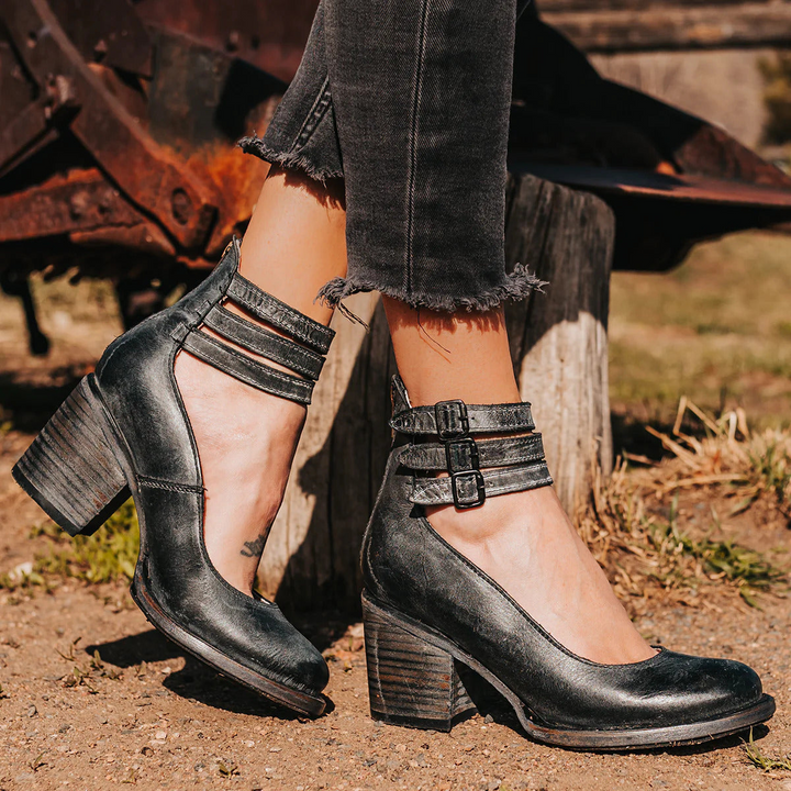 Women's Vintage Buckle-Strap Block Heels - Retro Charm & Comfort