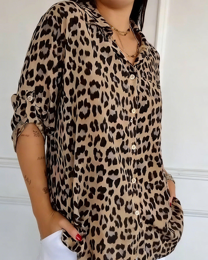 Women's Cotton Blend Leopard Print V-Neck Blouse - Chic Daily Wear