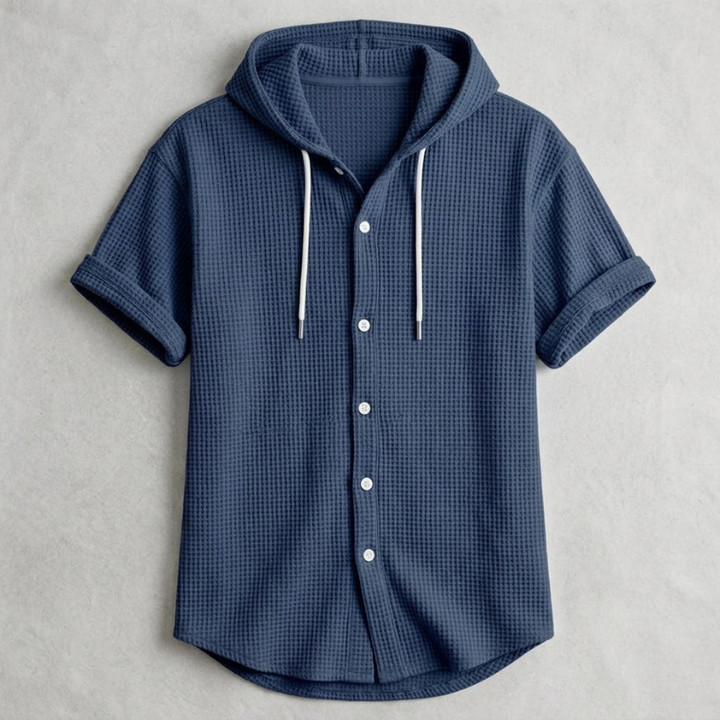 Men's Cotton Waffle Hooded Shirt – Relaxed Long-Sleeve Overshirt