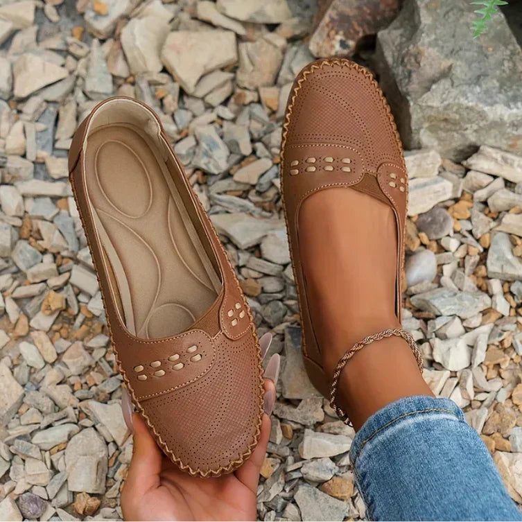 Women's Laser-Cut Leather Slip-On Flats - Breathable Style