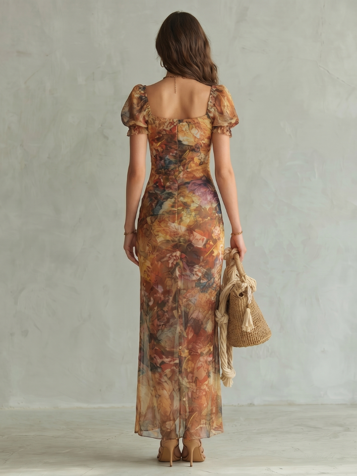 Women's Ruffled Sleeve Ruched Slit Midi Dress - Effortless Warm