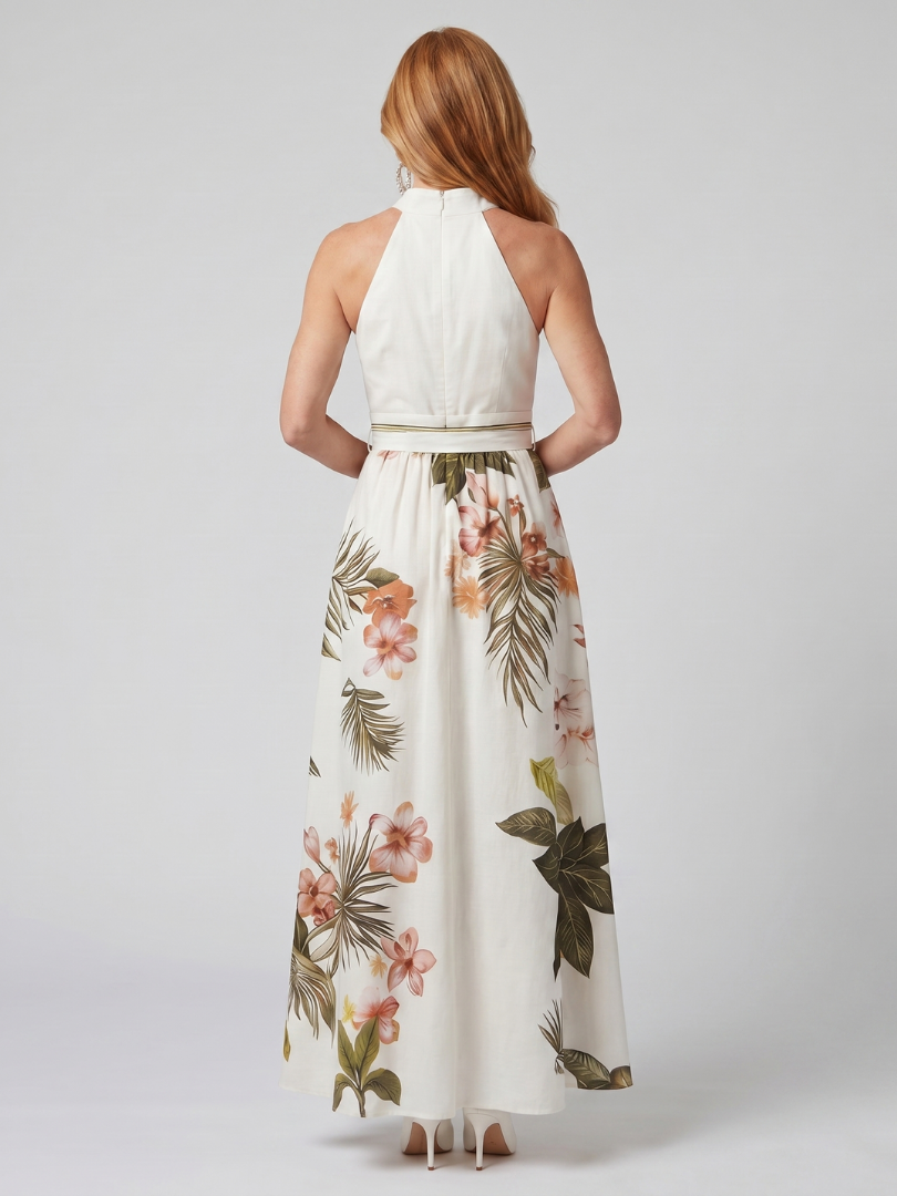 Women's Botanical Draped Halter Maxi Dress - Effortless Elegance