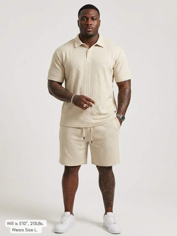 Men's Textured Knit Polo & Shorts Set – Smart Casual Summer Co-Ord