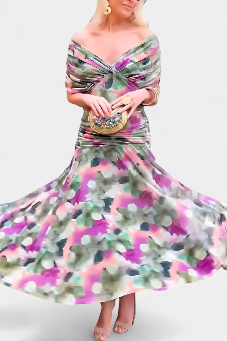 Women's Long Floral V-Neck Dress - Effortless Elegance