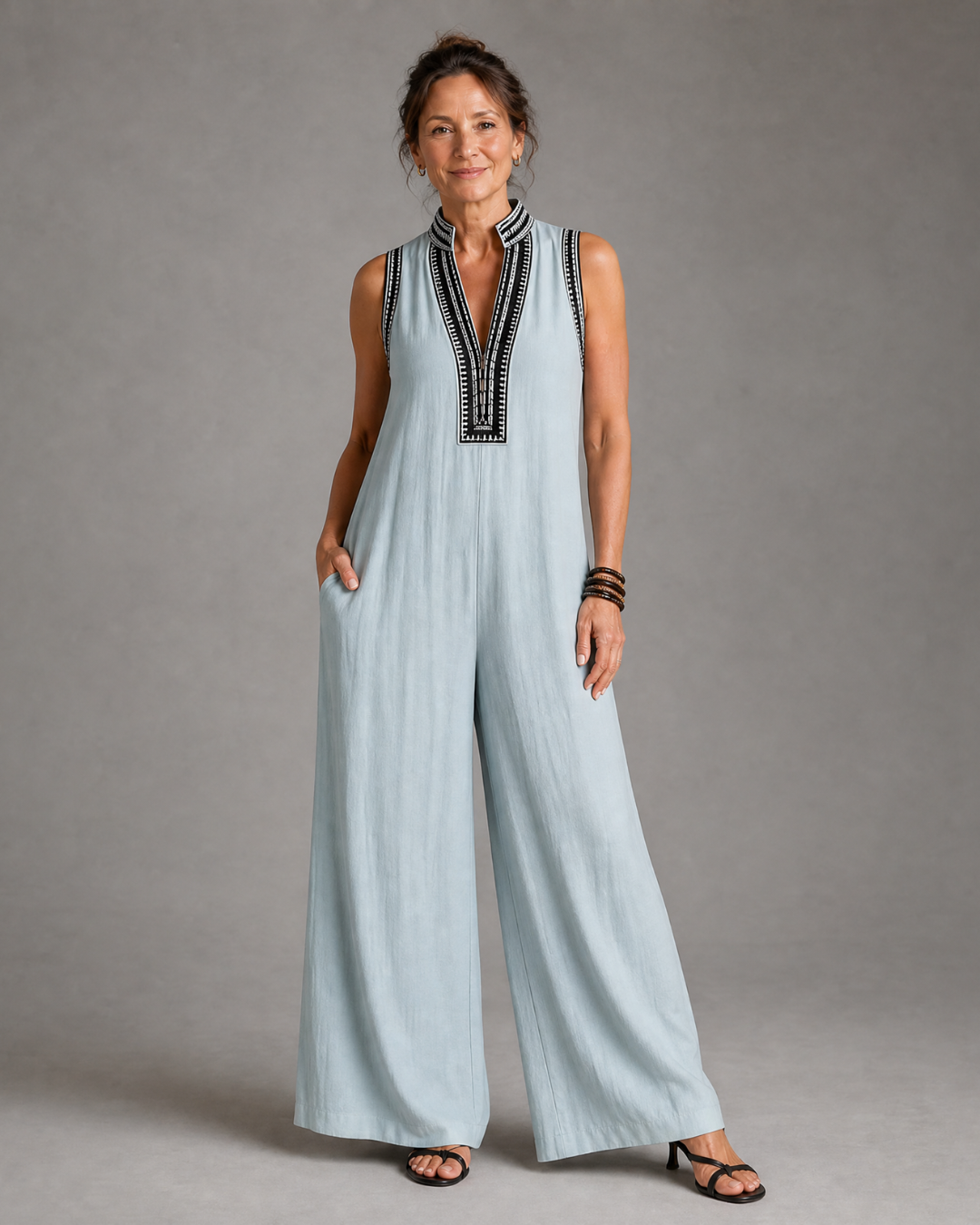 Women's Embroidered V-Neck Sleeveless Wide Leg Jumpsuit