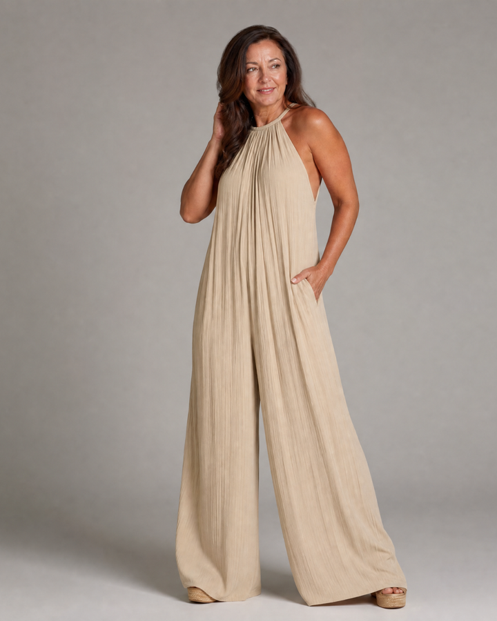 Women's Pleated Halter Neck Wide Leg Jumpsuit - Warm Weather Ease