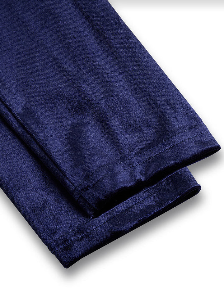 Women's Navy Blue Velvet Long-Sleeve Midi Dress - Evening Elegance