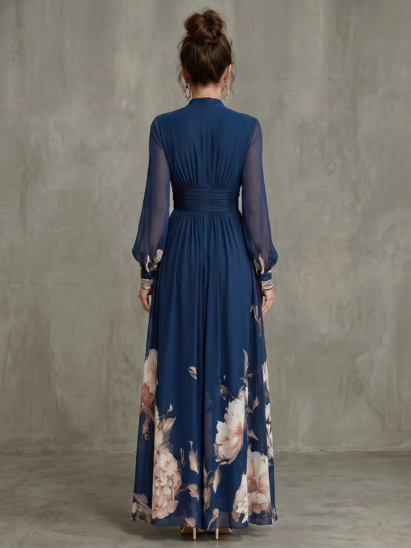 Women's Pleated Sheer Sleeves Maxi Dress - Flowing Silhouette