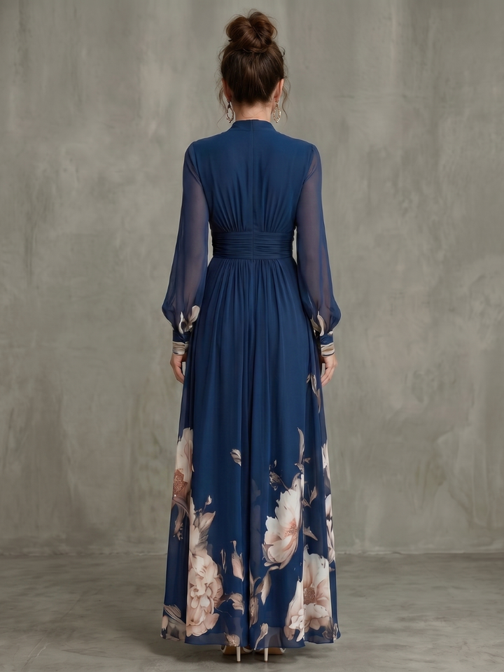 Women's Pleated Sheer Sleeves Maxi Dress - Flowing Silhouette