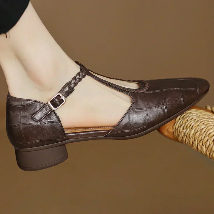 Women's Leather Braided T-Strap Sandals - Elegant Everyday Style
