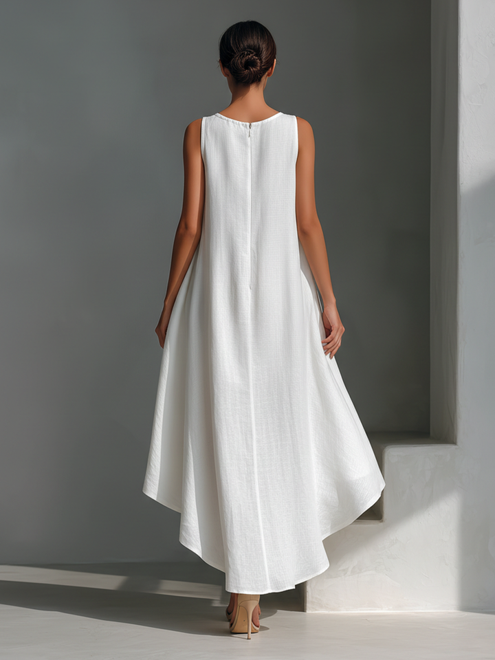 Women's Linen Sleeveless Midi Dress - Asymmetrical Hem, Breezy Style