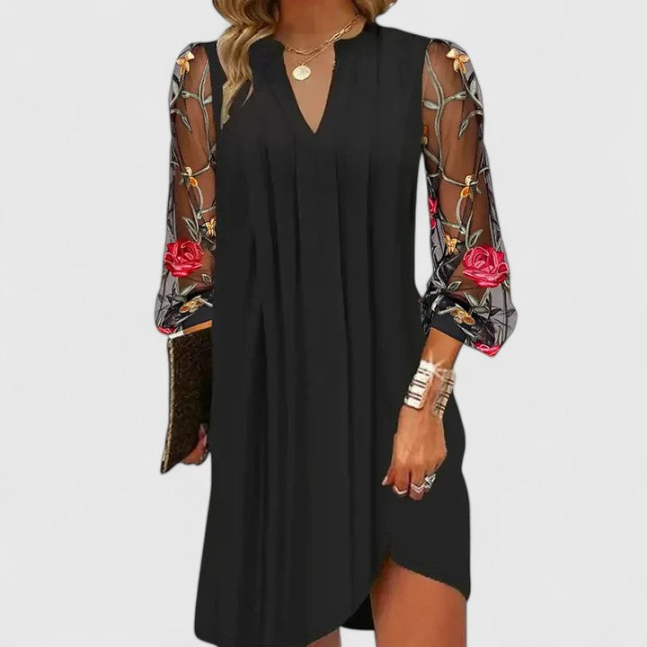 Women's V-Neck Sheer Sleeve Mini Dress - Sophisticated & Elegant