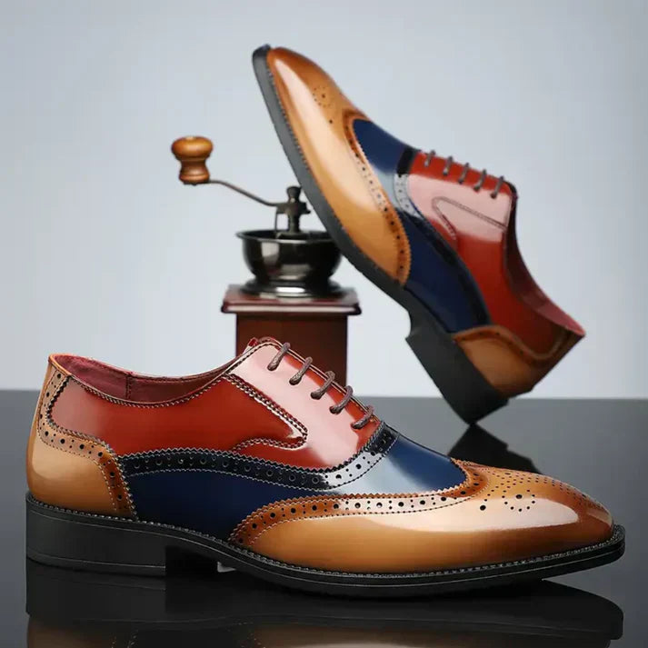 Men's Tricolor Leather Wingtip Dress Shoes - Classic Brogue Detailing