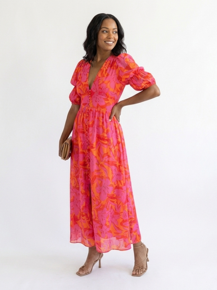 Women's Floral V-Neck Puff Sleeve Midi Dress - Warm Weather Essential