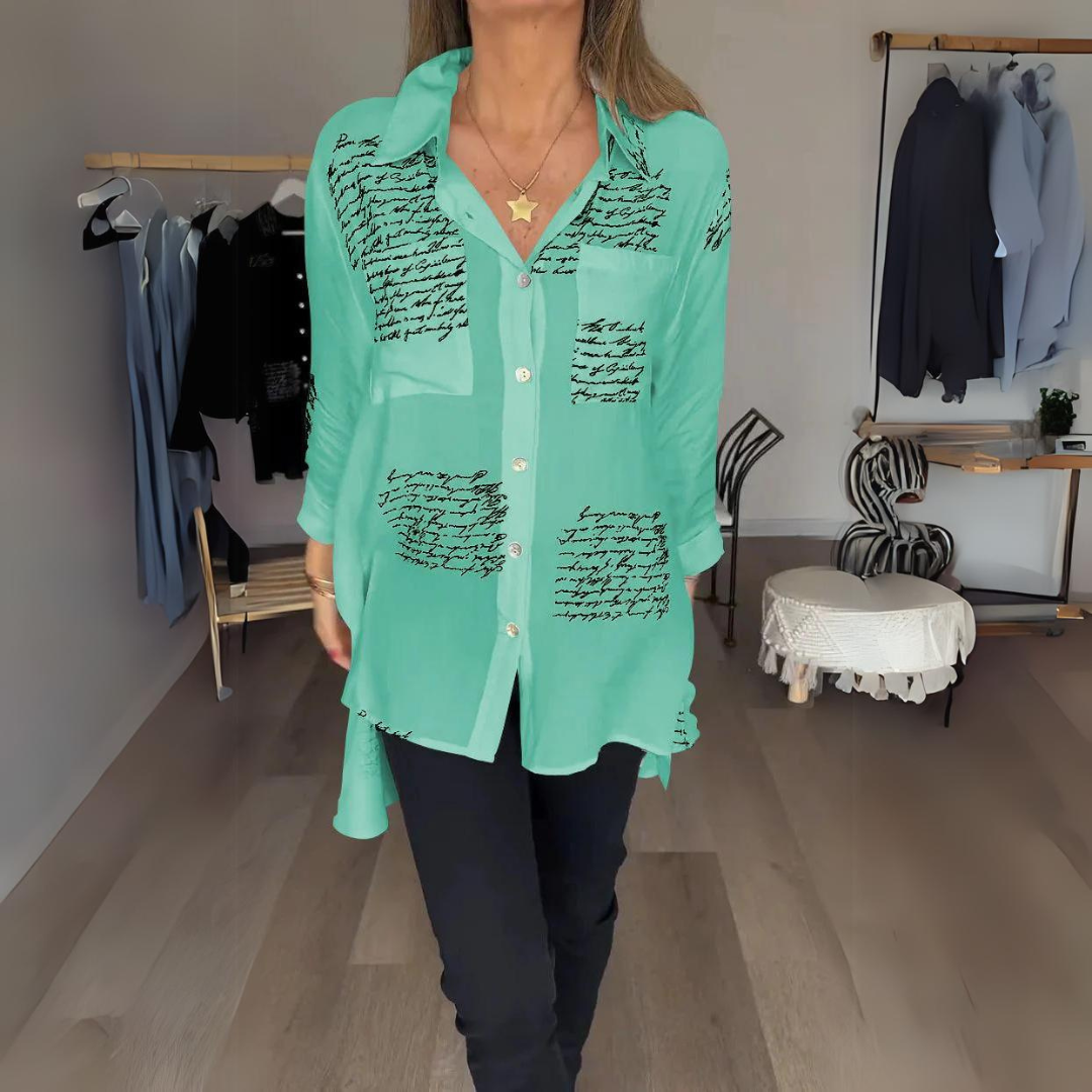 Women's Handwritten Print Button-Up Shirt - Artistic Everyday Style