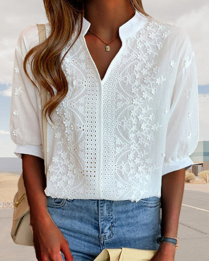 Women's Summer V Neck Puff Sleeve Blouse - Warm-Weather Essential