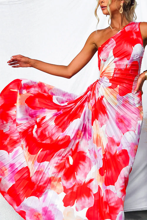 Women's Printed Asymmetrical Pleated Dress - Tropical Evening Charm