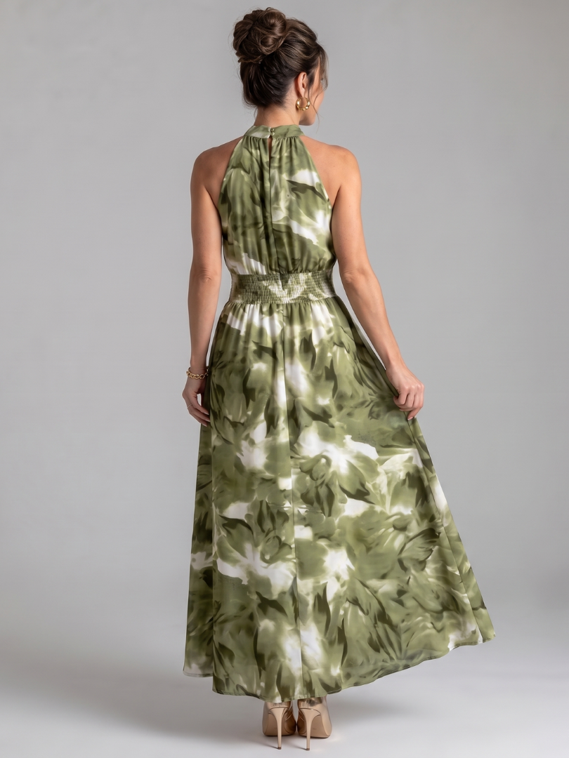 Women's Abstract Print Gathered Waist Midi Dress - Effortless Summer