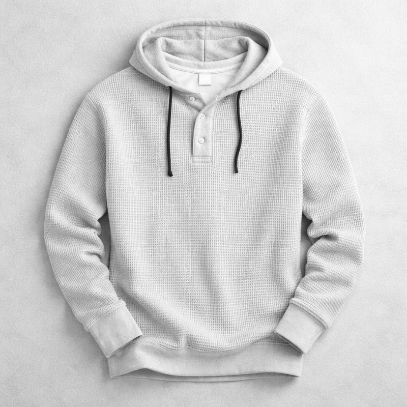 Men's Waffle-Knit Henley Hoodie – Textured Cotton Hooded Top