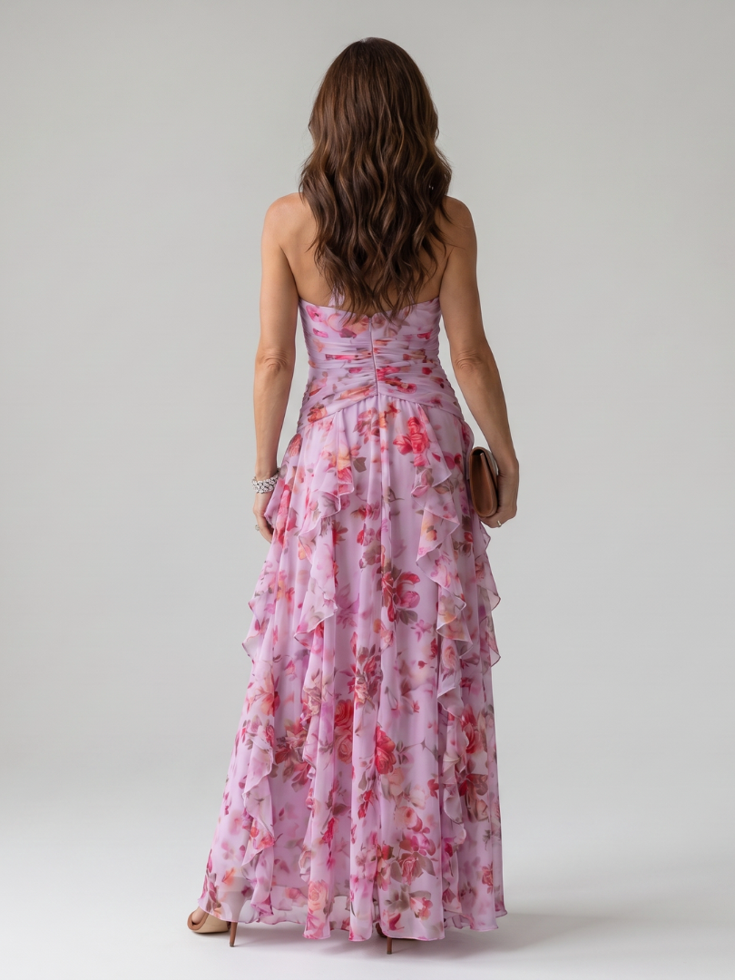 Women's Floral Halter Neck Ruched Bodice Maxi Dress