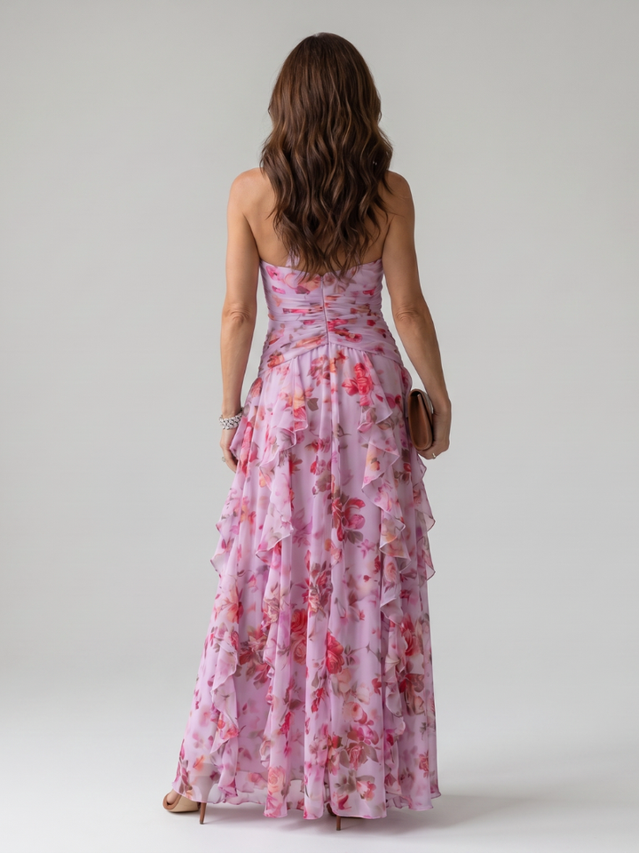 Women's Floral Halter Neck Ruched Bodice Maxi Dress