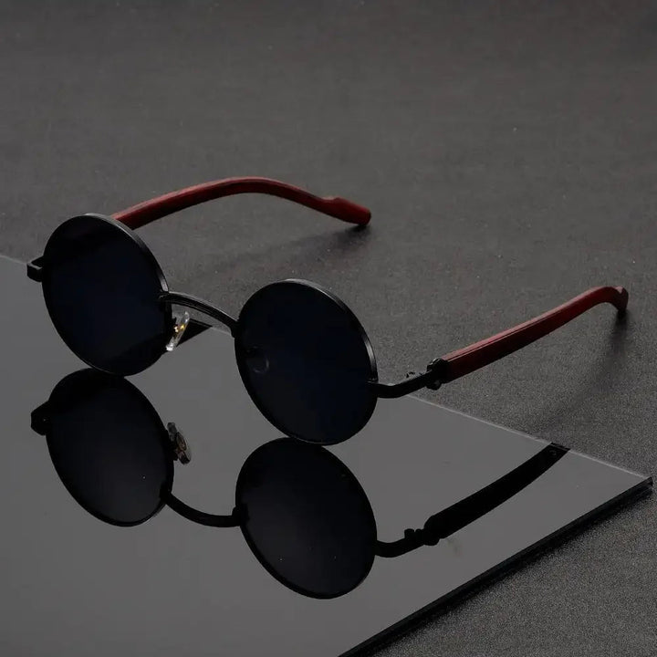 Men's Round Sunglasses - Metal Frame UV400 Wood-Grain