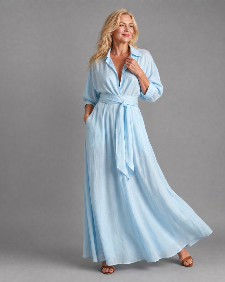 Women's Belted Collared Flowing Midi Dress - Everyday Elegance